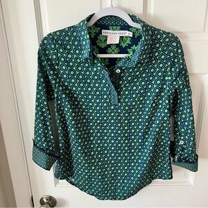 Gretchen Scott geometric patterned preppy collared placket blouse green/navy XS